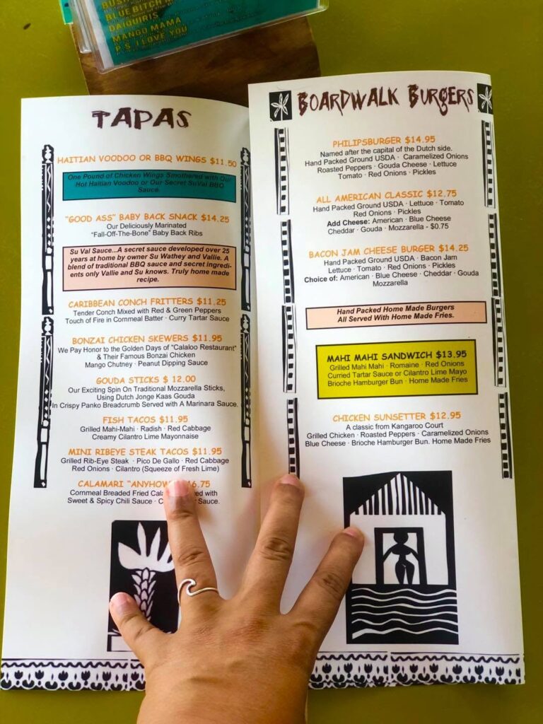 The menu at Taloula Mangoes, Phillipsburg